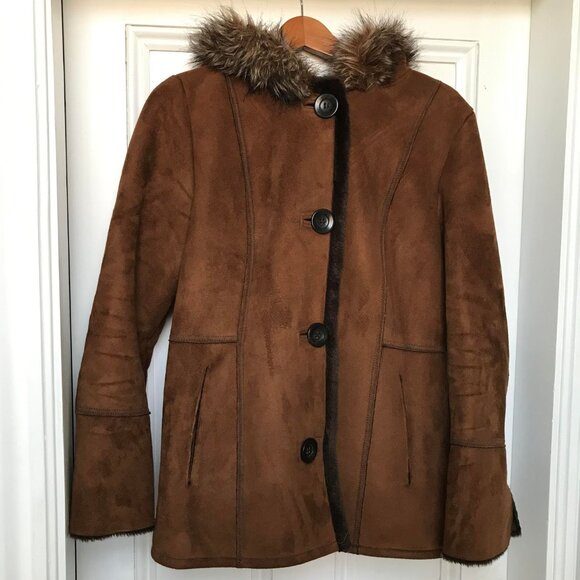 Tower by London Fog Coffee Brown Faux Small Women's Suede/Fur Hooded Coat - Picture 2 of 11